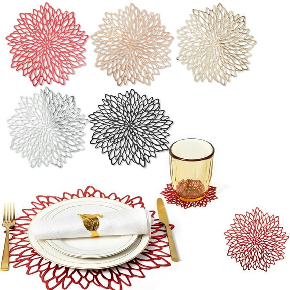 Round Placemats for Dinner Decor Holiday Wedding Accent Centerpiece for Dining Table Pressed Plastic Metallic Table Mats Hollow Out Hibiscus Flower Place Mats