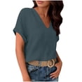 thumbnail image 5 of Diufon Womens Crinkle Gauze Blouse Rolled Short Sleeve V Neck Casual Loose Fitted Solid Color Summer Tunic Tops, 5 of 7