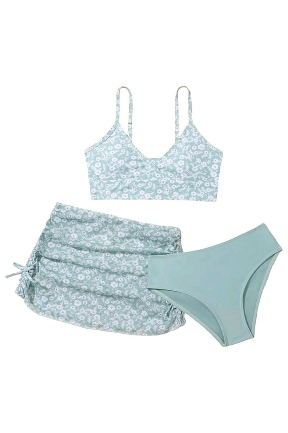 Tween Girls Swimsuit Bathing Suit 3 Piece Floral Bikini Tops Shorts Skirt Swimming Suit Beachwear Summer Party Clothes Swimwear Light Green 10-11 Years