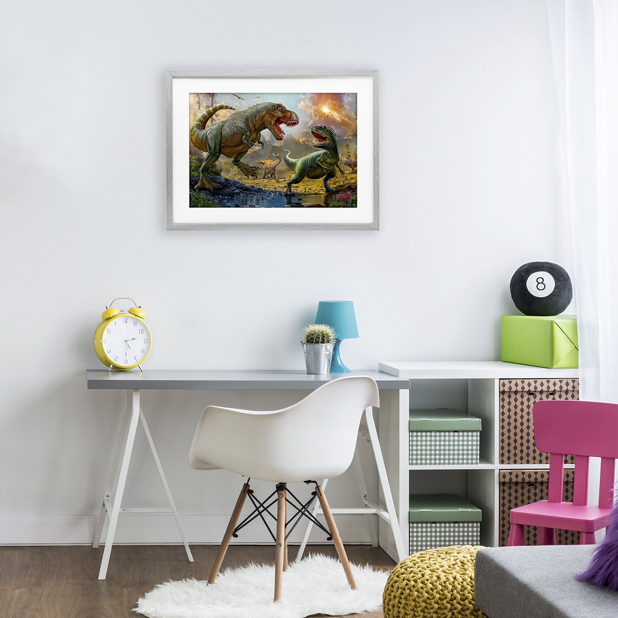 Stupell Industries T-Rex Encounter at Riverbank Gray Framed Print Under Glass, design by Henriette Chinaglia