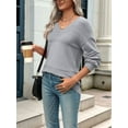 thumbnail image 4 of Women Fall Sweaters Casual Long Sleeve Ribbed Knit V Neck Light-Weight Crochet Pullover Sweater Solid Grey S, 4 of 7