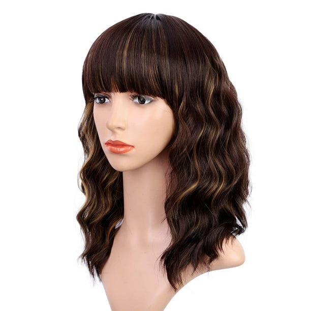 Dark Brown Wigs with Bangs Wavy Bob Wig Brown Highlighted Wigs for