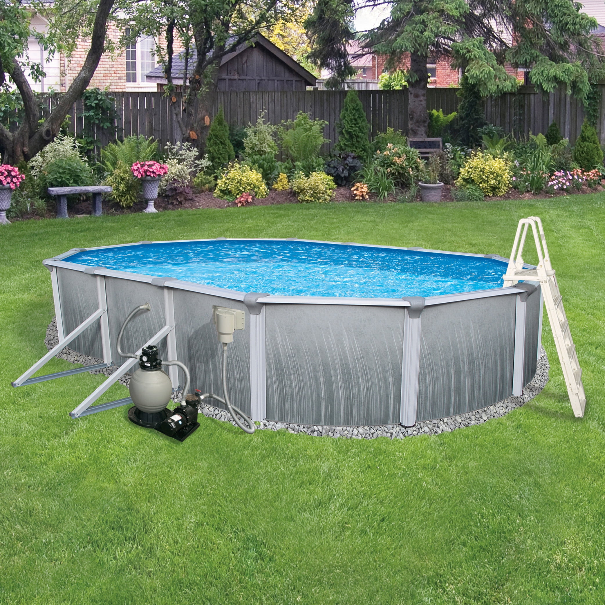 Blue Wave Martinique 12-ft x 24-ft Oval 52-in Deep 7-in Top Rail Metal Wall Swimming Pool Package