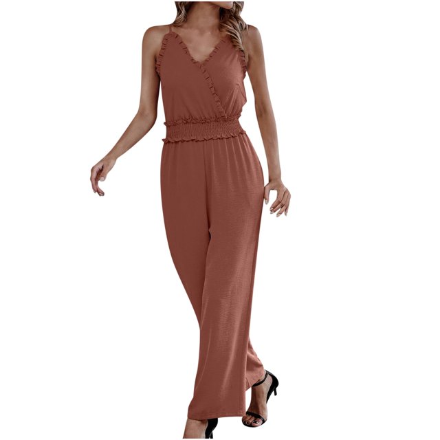 Stretchy Jumpsuits for Women Ruffle V Neck Spaghetti Straps One Piece Long Pants Outfits Sleeveless Summer Rompers