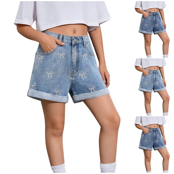 Yourumao Girls' Jean Shorts Embroidered Bow Elastic Waist Denim Shorts Rolled Hem Cute Summer Pants Casual Going Out Shorts with Pockets 8-14Y
