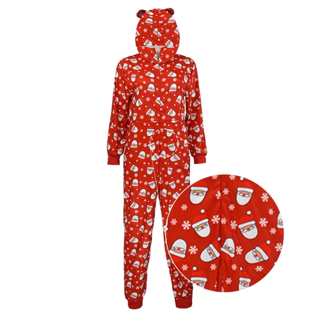 Combinaison Pyjama de Noël pour Adulte à Manches Longues avec Fermeture Éclair au Dos, Polyester, Rouge, Imprimé Fantaisie des Fêtes, une-Pièce
