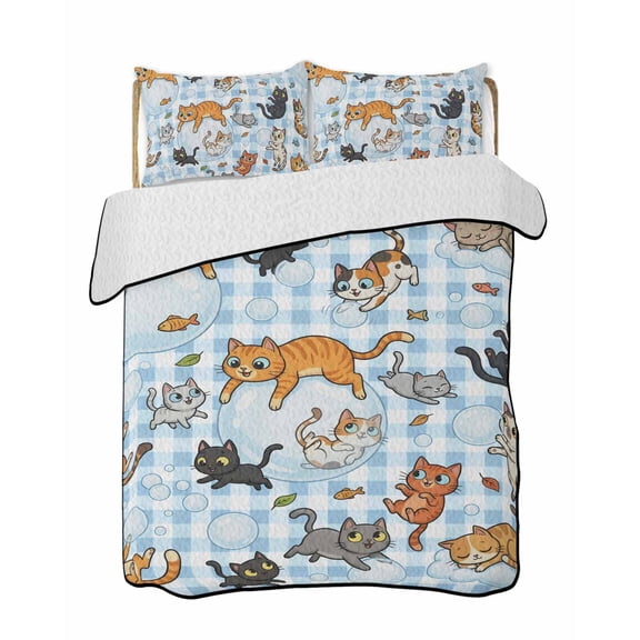 Quilts Twin Size Bedding Set, Blue Plaid Cat Lightweight Quilted Comforter, Funny Cute Fish Leaves Bubble Soft Reversible Bedspread Coverlet with Pillow Covers for All Season, 68" x 86"