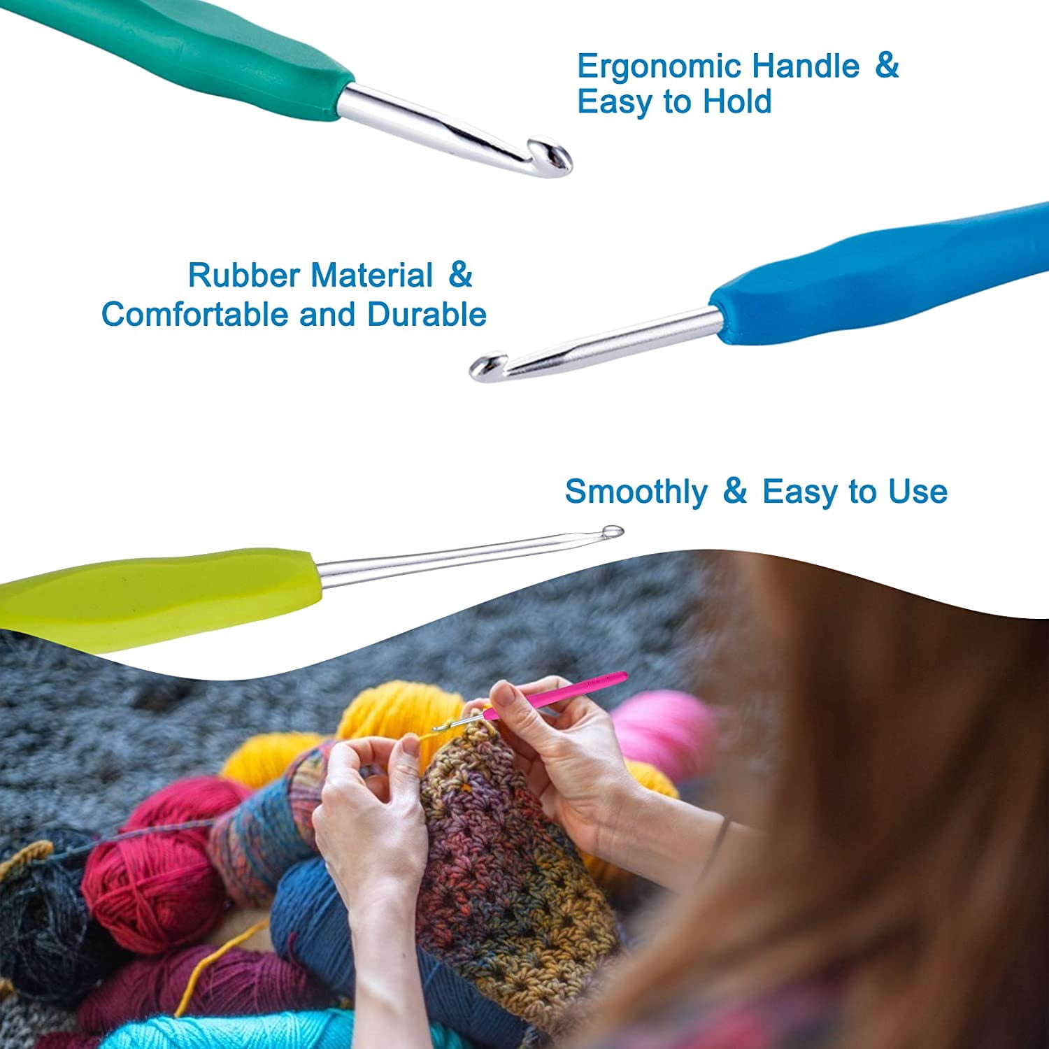 Vodiye No. 14 crochet hook set, sizes 2.0–10.0 mm, colorful metal crochet hooks, ergonomic design, comfortable to use