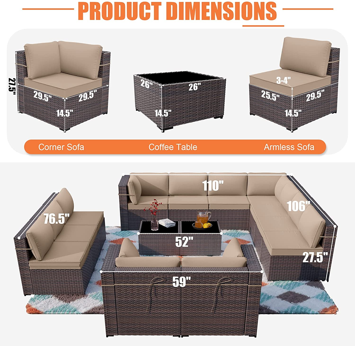 Gotland Outdoor Patio Furniture Set 14 Pieces Sectional Rattan Sofa Set PE Rattan Wicker Patio Conversation Set with Seat Cushions and Tempered Glass Table,Sand