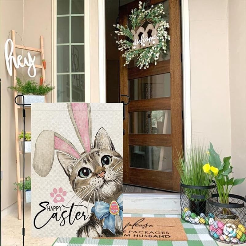 Happy Easter Cat Garden Flag Double Sided for Outside Small Burlap Rabbit Ear Holiday Yard Decoration