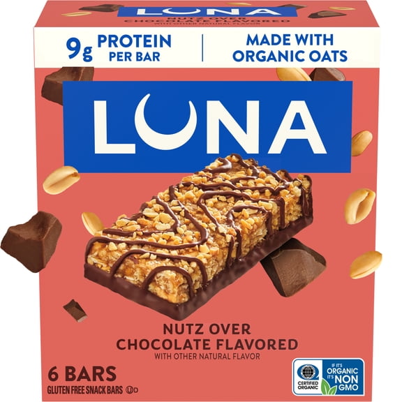 LUNA Nutz Over Chocolate Flavor Gluten Free Snack Bars, Protein Bars, 6ct