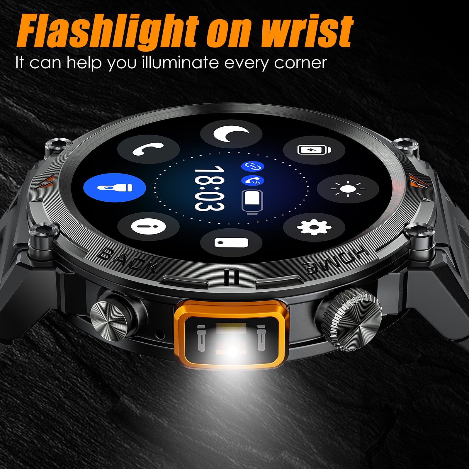 XAXRE Smart Watches with Flashlight for Men, 1.45 inches Bluetooth Call Watch Activity Tracker, Rugged Outdoor Tactical Watch for Android and iPhone, Black