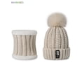 thumbnail image 3 of BadPiggies 2-Pieces Winter Knitted Beanie Hat Scarf Set Thick Warm Velvet Lining Skull Ski Cap with Pompom for Men Women, Beige, 3 of 5