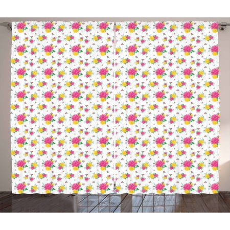Floral Curtains 2 Panels Set, A Bundle of Bloomed Multi Petal Roses with Buds and Branch of Berries with Leaves, Window Drapes for Living Room Bedroom, 108W X 90L Inches, Multicolor, by Ambesonne