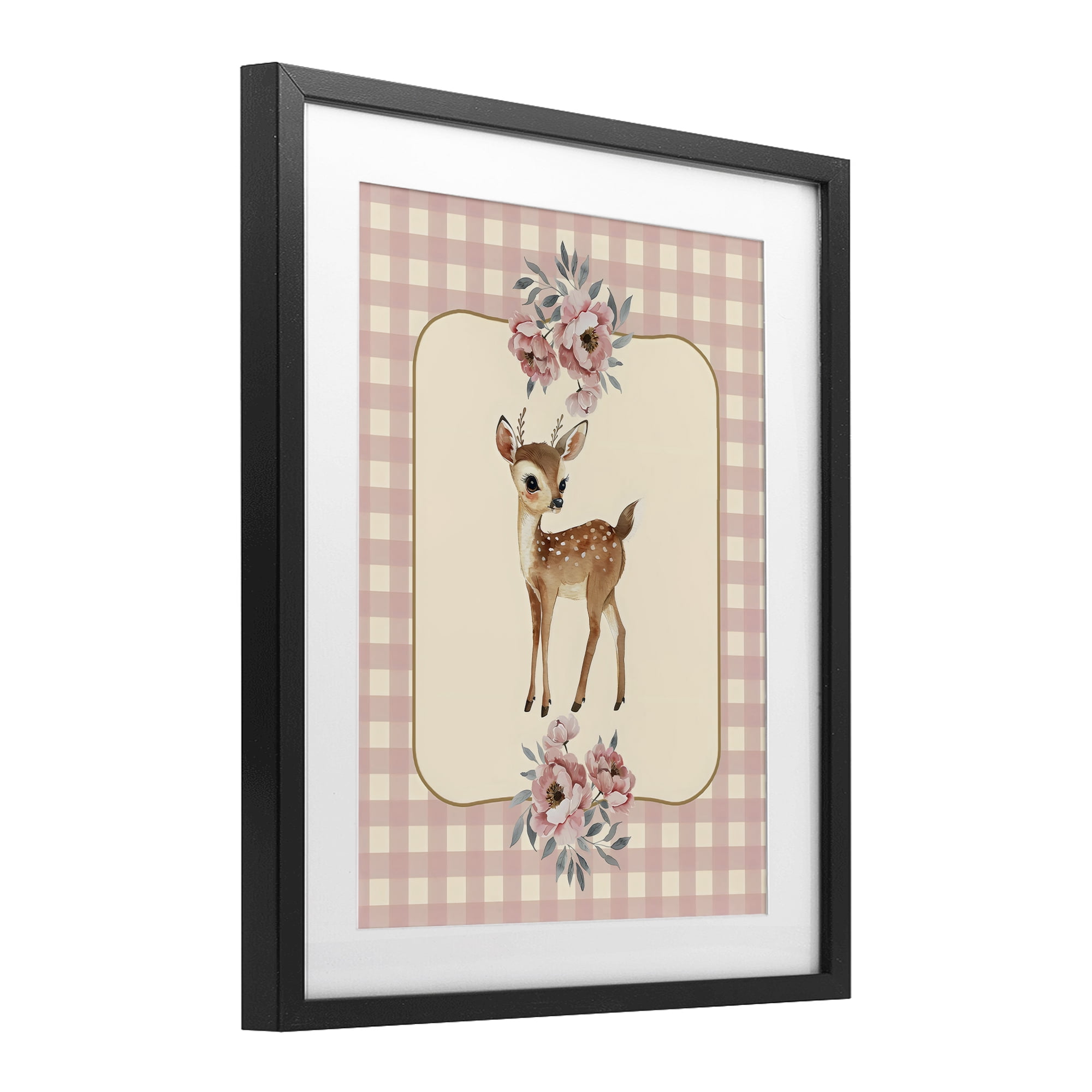 Stupell Industries Baby Deer Pink Gingham Black Framed Print Under Glass, design by LSR Design Studio
