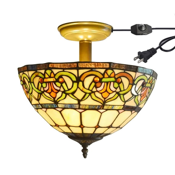 Kiven 13.8in Flush Mount Ceiling Light Fixture Dimmable, 3-Light Anti Glare Close to Ceiling Light with 15FT Plug-in Cord, Tiffany-Style Glass Chandelier for Bedroom Kitchen Hallway(No.3209)