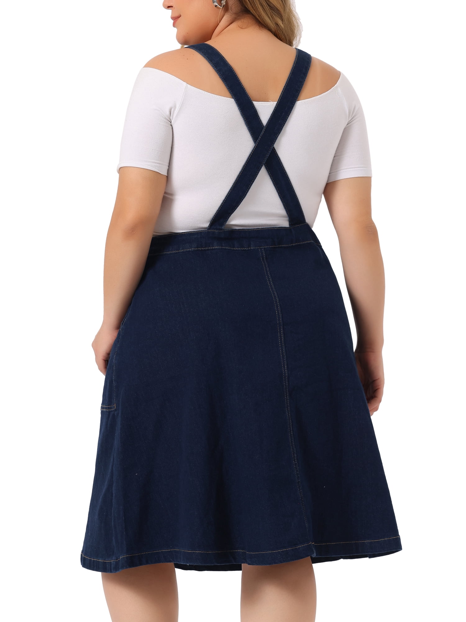 Unique Bargains Women's Plus Size Overall Button Up Adjustable Strap Denim Dress 1X Dark Blue