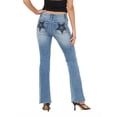 thumbnail image 4 of Forever 21 Women's and Women's Plus Mid Rise Bootcut Denim Pants with Rhinestone and Embroidered Back Pockets, Fitted Stretch Jeans, Vintage Wash Casual Style, Blue, 00-4X, 4 of 6