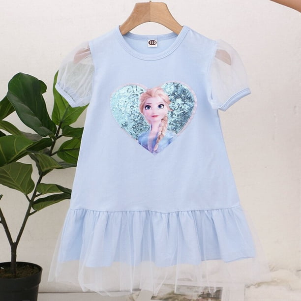Ropa para niñas, vestido de lentejuelas Frozen Elsa Anna para niños de 4 a 8 años, mangas cortas abullonadas de verano, vestidos de moda de malla de algodón 6T Gao Jinjia LED