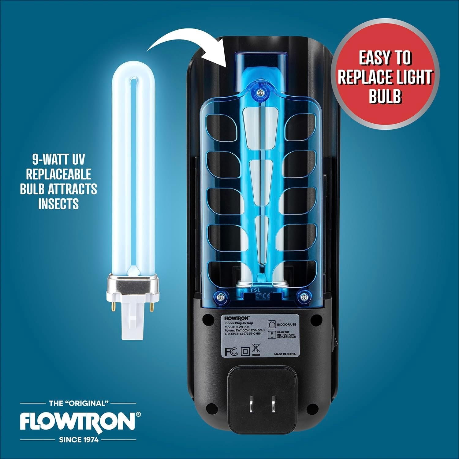 Flowtron Indoor Fly Trap, 9W UV Light, Silent Mosquito & Gnat Catcher, 375 Sq Ft - Black