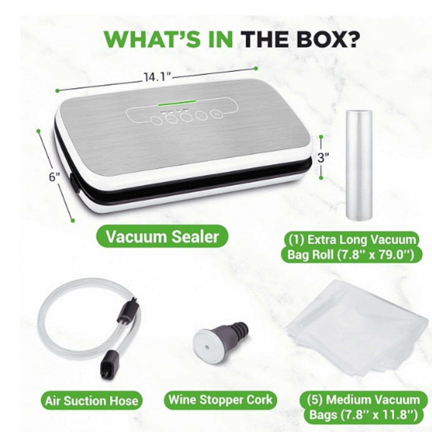 Food Vacuum Sealer Machine - Automatic Air Sealing System for Dry & Moist Foods, LED Touch Controls, Includes Vacuum Bags, Hose & Wine Stopper, High Suction Power, 14"x6"x3", Silver