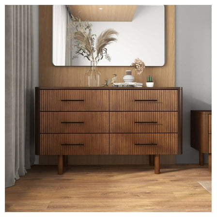 Century Modern Walnut 6-Drawer Dresser, Solid Wood Bedroom Chest 33.1"H x 55.9"W x 17.7"D