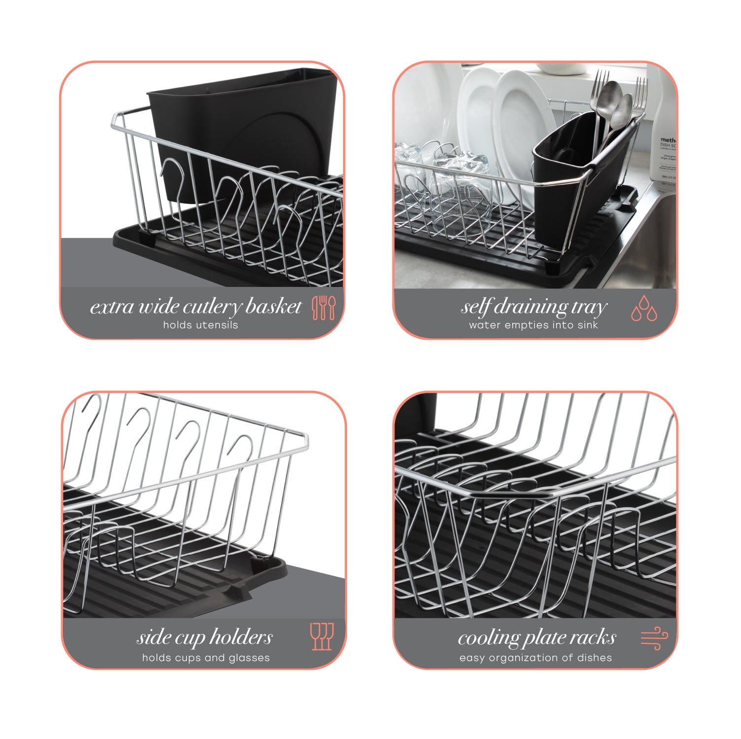 Kitchen Details Chrome 3 Piece Set Dish Rack in Black (17.5" x 14.5" x 5.25")