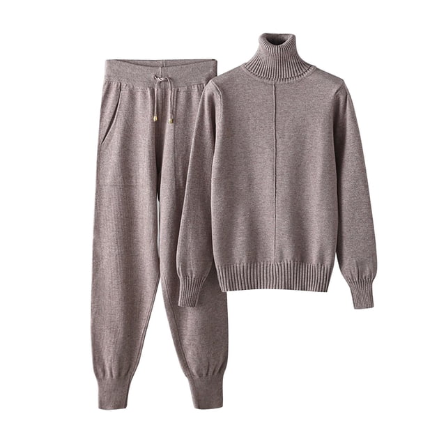 Besolor Ensembles de Pulls pour Femmes 2 Pcs Col Roulé Manches Longues Tricot Hauts et Pantalons Ensemble Survêtement