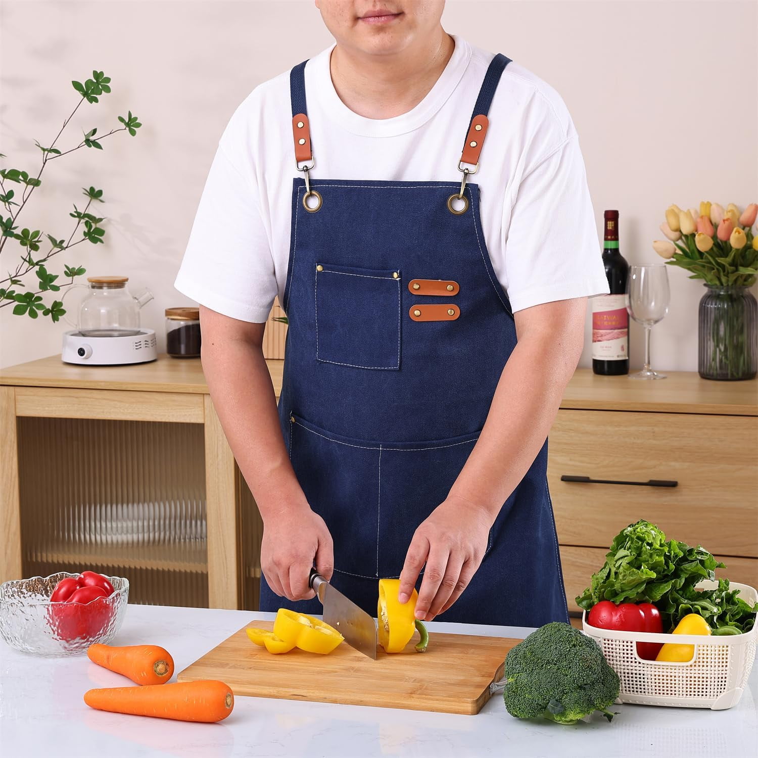 Chef Apron Medium-Thick Cotton Canvas,Cross Back with Multiple Pockets Adjustable Work Apron for Men and Women (Darkblue)