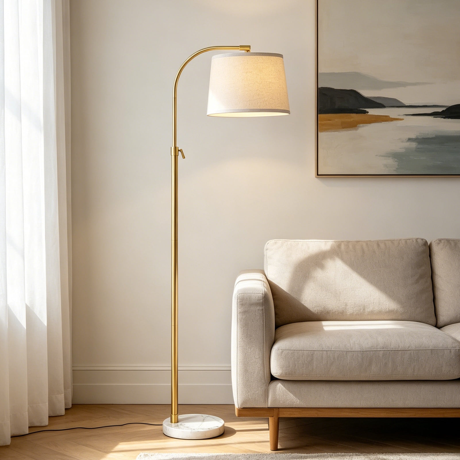 RORIA Modern Gold Floor Lamps,54-64”Height Adjustable Curved Standing Lamp,With a Linen Shade, Perfect for Bedrooms, Living Rooms, and Offices