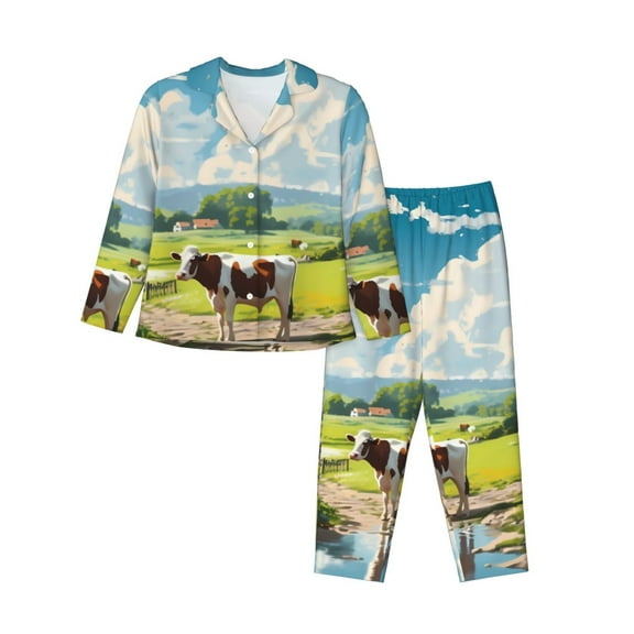 Vsdgher Countryside Farm Cow Pajamas Set Long Sleeve Sleepwear Womens Button Down Nightwear Pj Sets-Small
