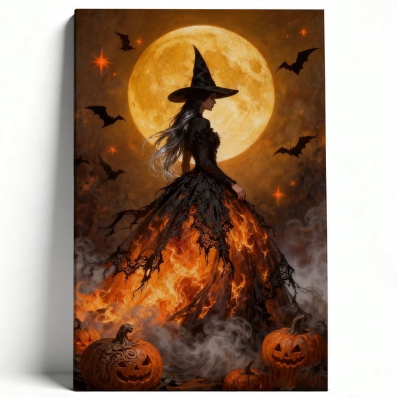 Witch Halloween Canvas Wall Art Picture Prints Vintage Spooky Full Moon Pumpkin Bat Holiday Painting Decor 12×16