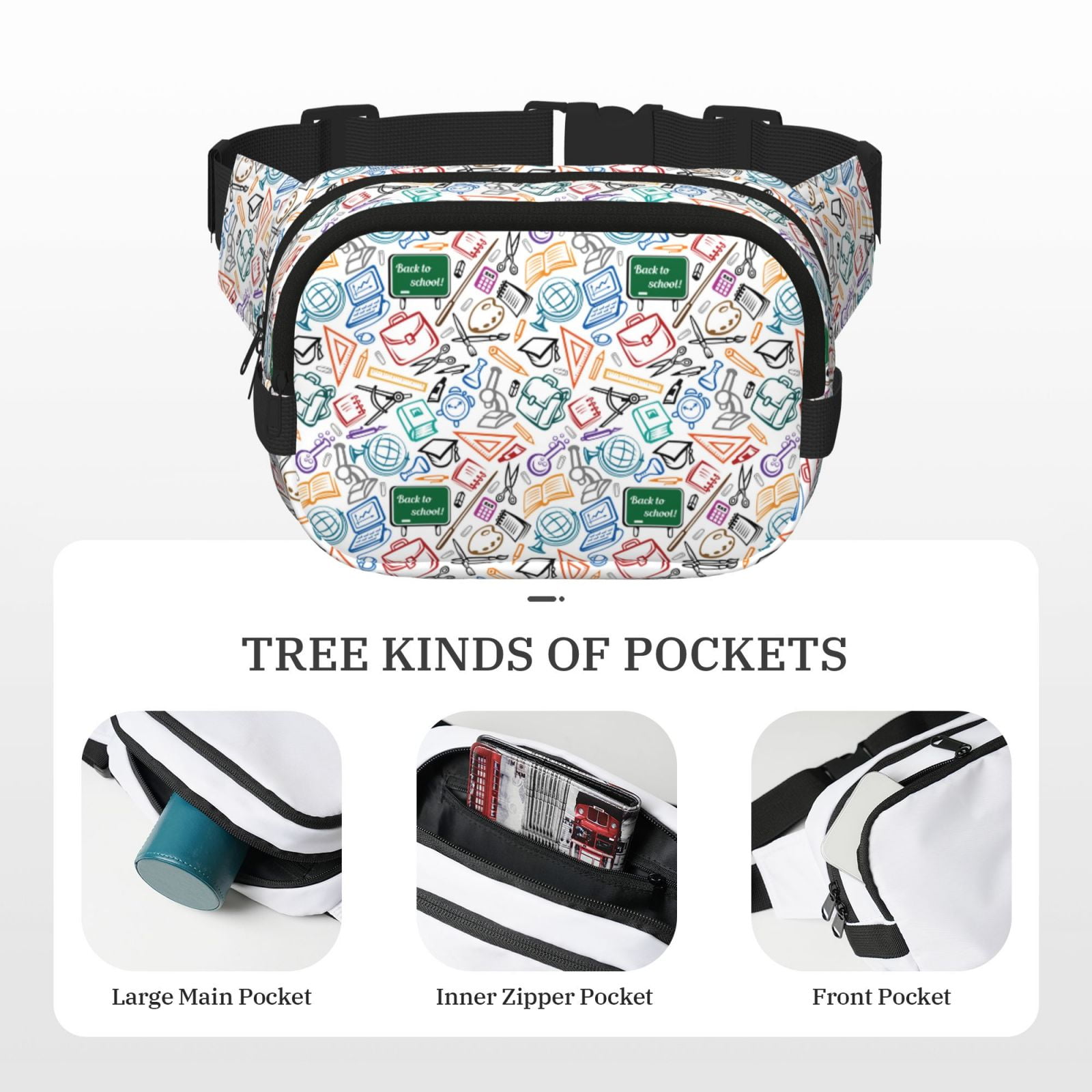 Picia Back To School Print Square Double-Layer Waist Bag Mini Adjustable Waist Belt Bag Exercise Running Travel Hiking