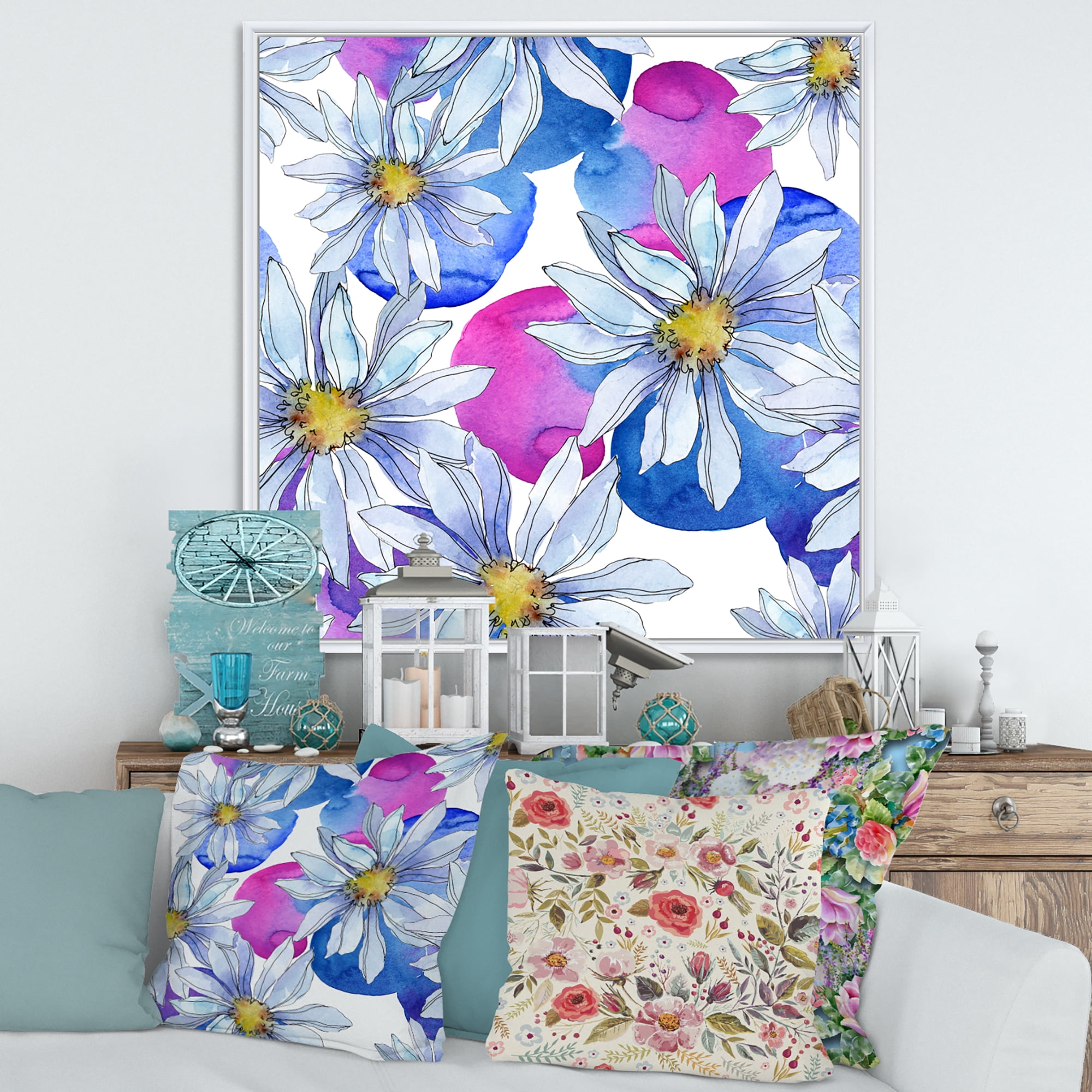 Designart 'Daisies On Red and Blue Backgorund' Traditional Framed Canvas Wall Art Print