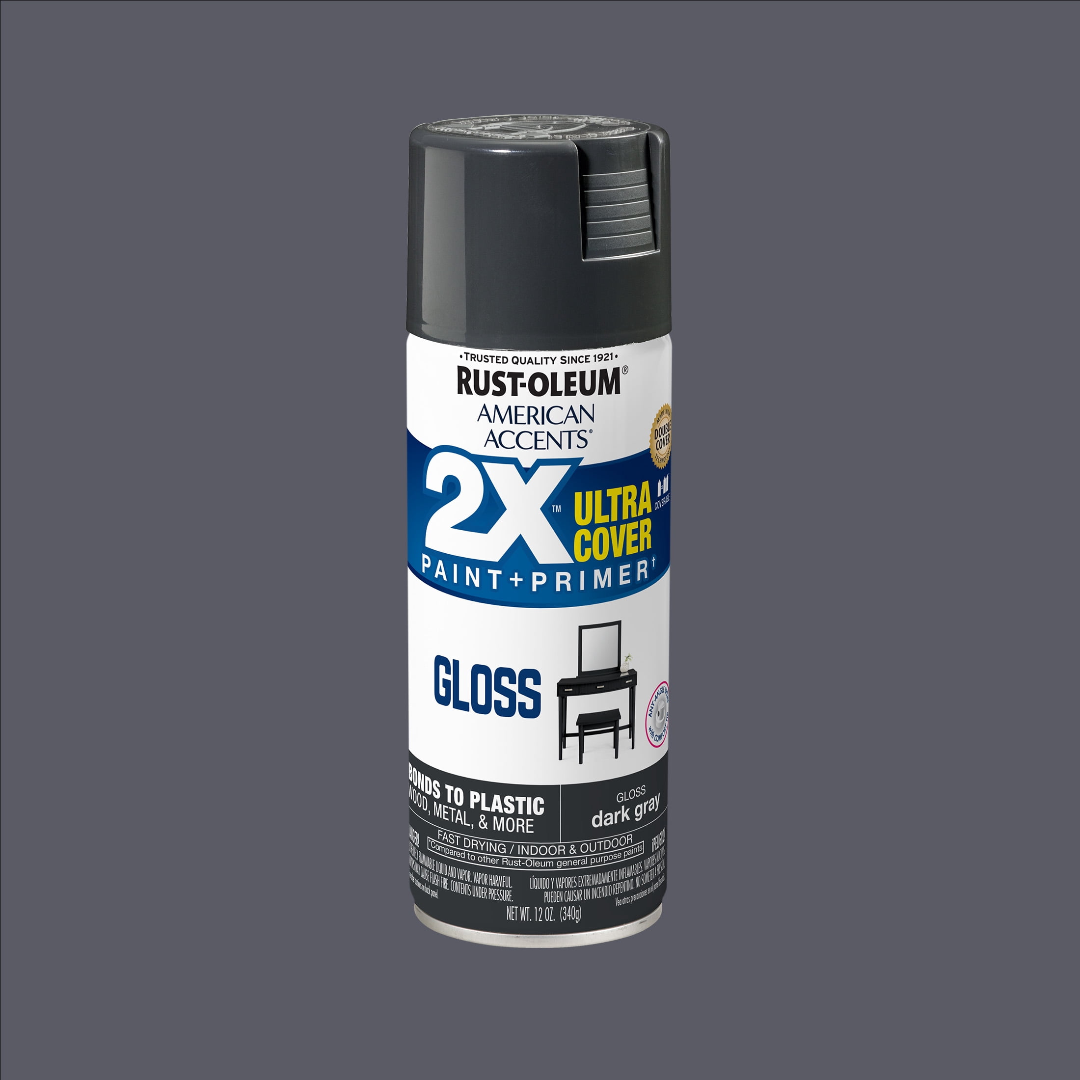 (2 pack) Dark Gray, Rust-Oleum American Accents 2X Ultra Cover Gloss Spray Paint-327886, 12 oz