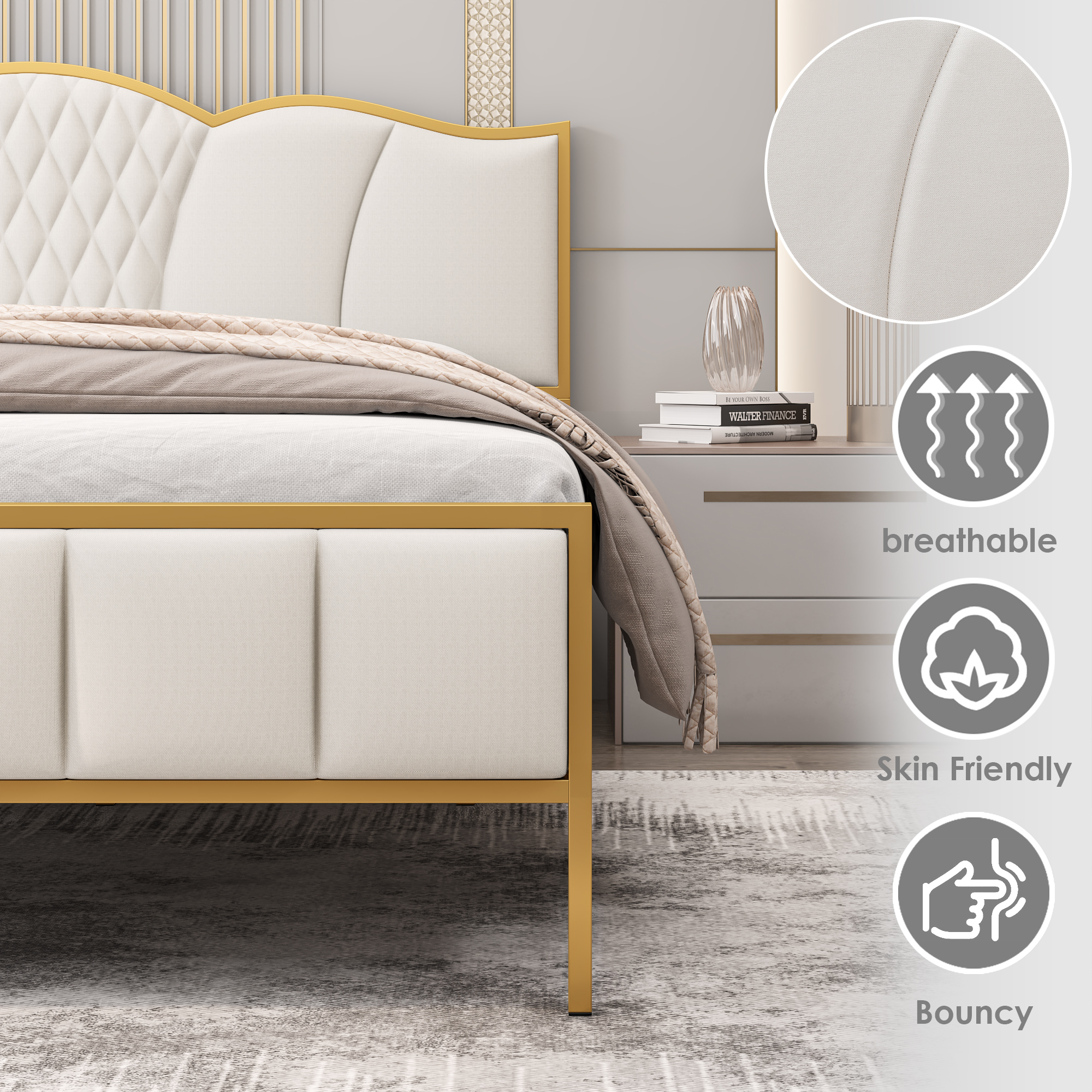 Homfa King Size Metal Bed Frame, Modern Linen Fabric Upholstered Platform Bed Frame with Tufted Headboard, Beige and Gold - image 3 of 10