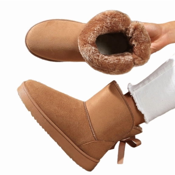 Knivor Cozy Winter Boots for Women Fuzzy Warm Ankle Snow Boots with Back Bow Detail Stylish Slip On Short Boots for Casual Cold Weather Outdoor Wear