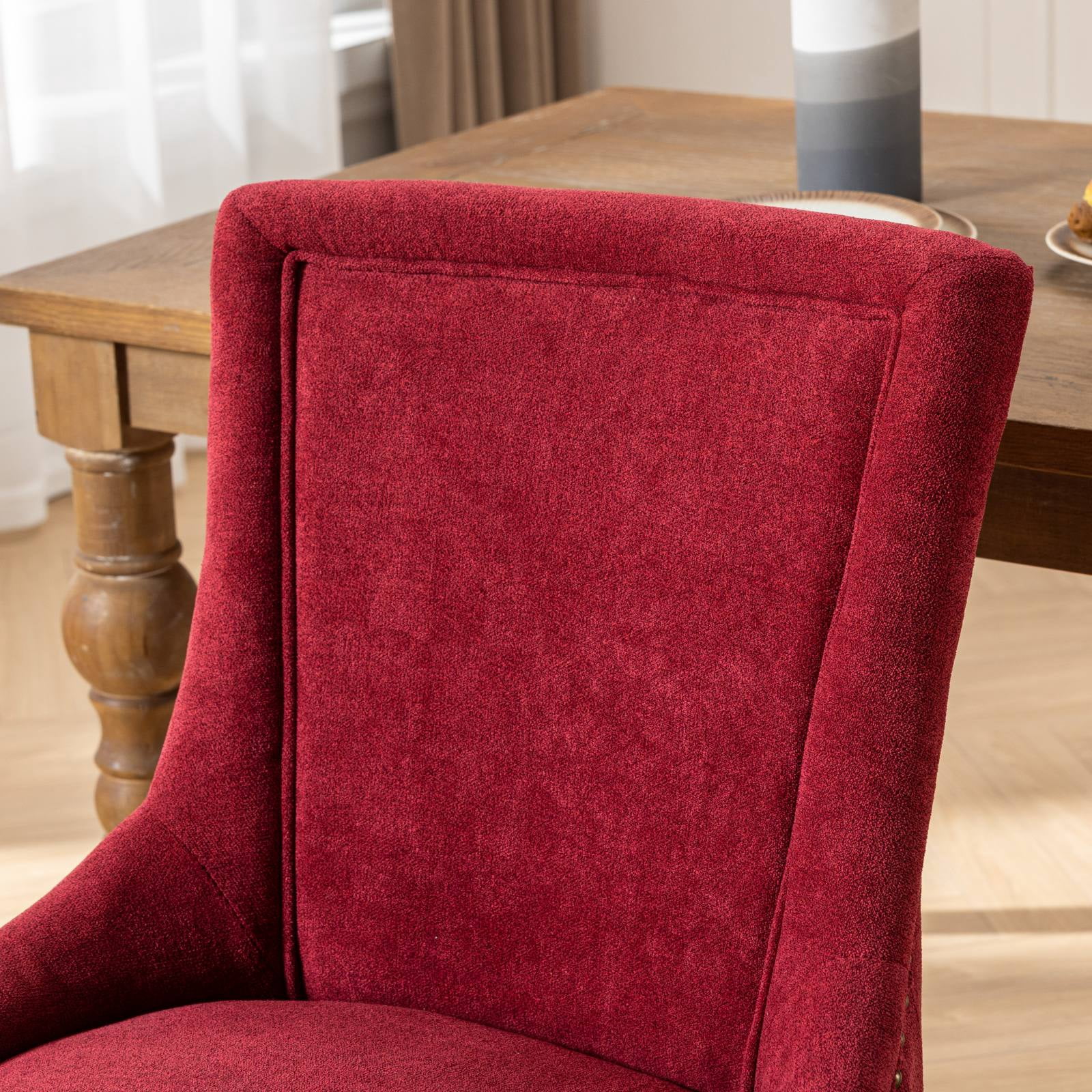 BSHTI Furniture Ultra Side Dining Chair Set of 2, Wine Red Burgundy Thickened Fabric Chairs with Solid Wood Legs & Bronze Nail Head