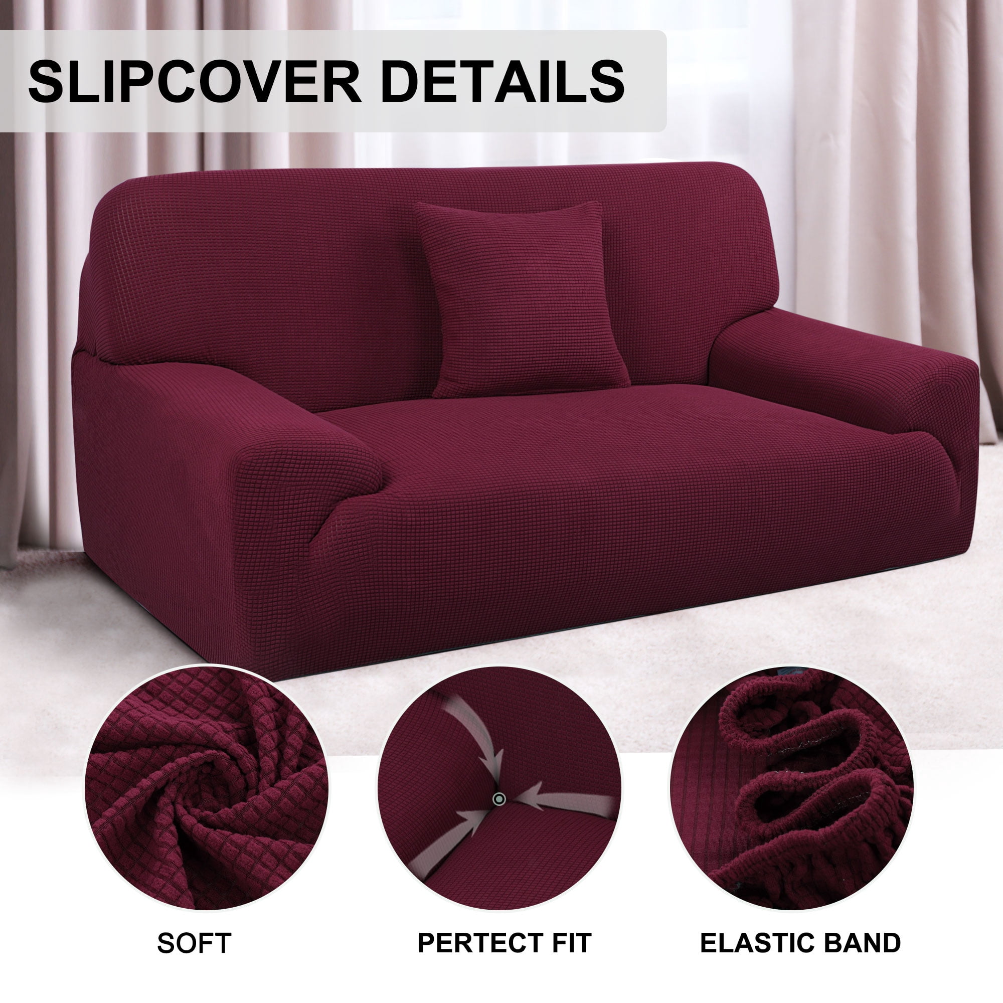 PiccoCasa Jacquard Sofa Covers Strech Thick Couch Slipcover, Burgundy 2 Seater (53" - 67")