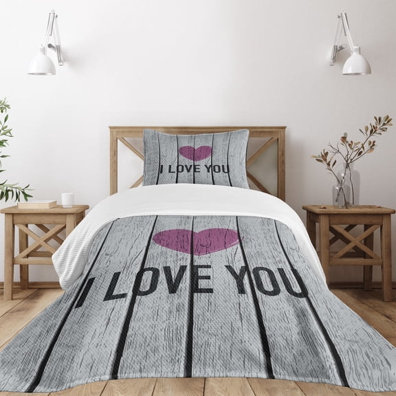 Ambesonne I Love You Quilted Bedspread Set 2 Pcs, Words on Wood Planks, Twin Size, Fuchsia Pale Grey