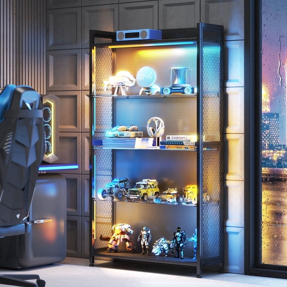 Casacomoda RGB Gaming Glass Display Case for Collectibles, Music Sync Lighted Display Shelf with 4+1 Shelves, 5-Strip LED with Controller, Display Cabinet for Figures, Game Setup& Curio, Black