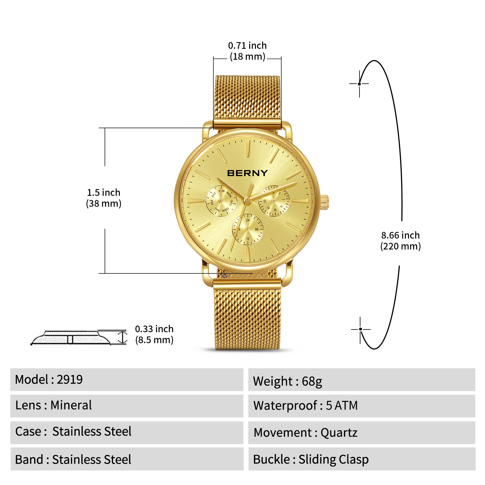 BERNY Quartz Watch for Unisex ( Men and Women), Classic Waterproof Men's Wirstwatch with Multifunctional Dials, Quick Release Stainless Steel Mesh Band, Gold Dial