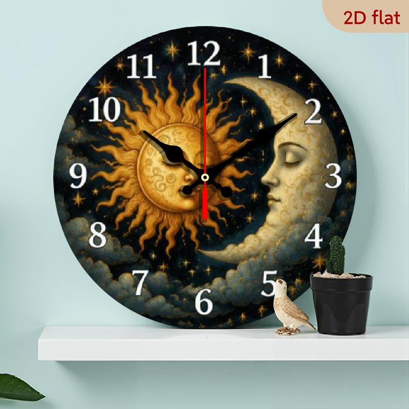 10 Inch Celestial-Themed Wooden Wall Clock with Sun- Pattern Design, Battery-Powered Silent Clock, Suitable for Living Room, Bedroom, Kitchen, Office Decoration, Modern Home Art Decor, Ideal F