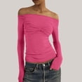 thumbnail image 2 of Bjutir See Through Tops For Women Fashion Off Shoulder Long Sleeve Tees Slim Fit Stretchy Top Solid Color Backless Tshirt Fashion Outfit Hot Pink, 2 of 4