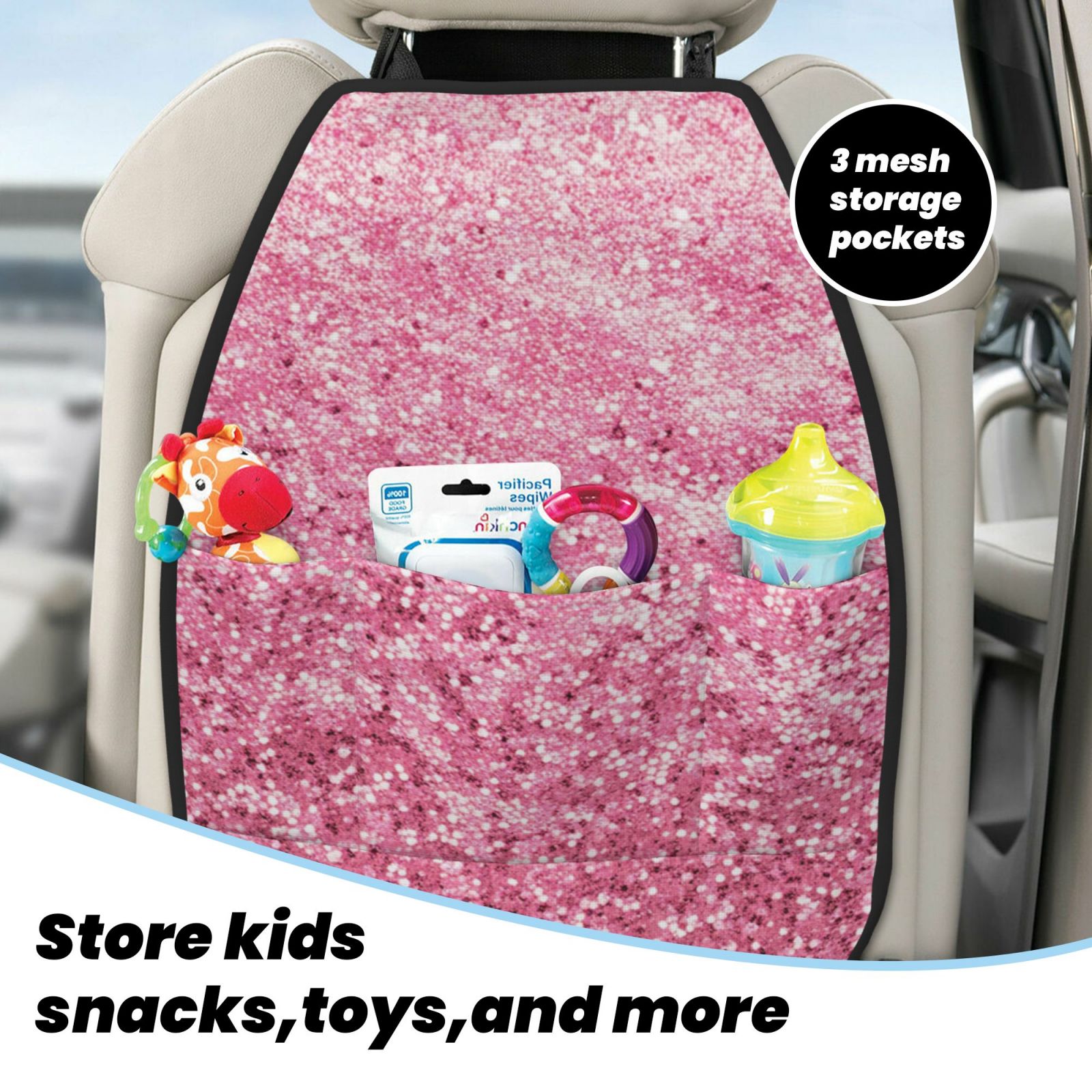 Kdxio Pink Glitter Print 2 Pack Car Kick Mat Seat Cover Back Protector Mat with Pockets for Organizer Backseat Protector and Storage Anti Kick Pad for Vehicles