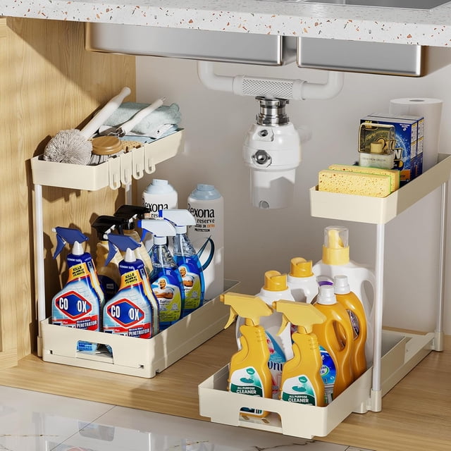 Paquete de 2 organizadores y almacenamiento para debajo del fregadero, color beige en forma de L, para debajo del baño, organizador de almacenamiento debajo del fregadero (Beige)