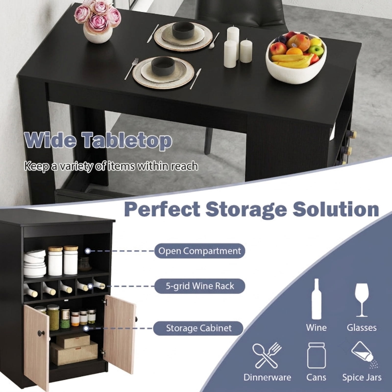 Furnibear 48 Inch Bar Table with Storage Cabinet and Wine Rack for Kitchen Dining Bar Bistro Pub Home Counter Height, Black
