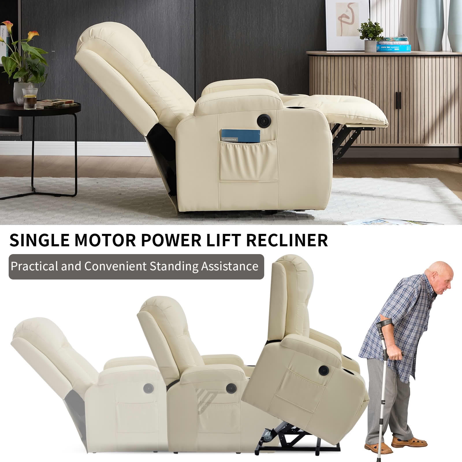 MAYEERTY Heavy Duty Brown Chenille Power Lift Recliner, 350lbs Massage Heat USB-C Cup Holders for Elderly 35"x29"x43"
