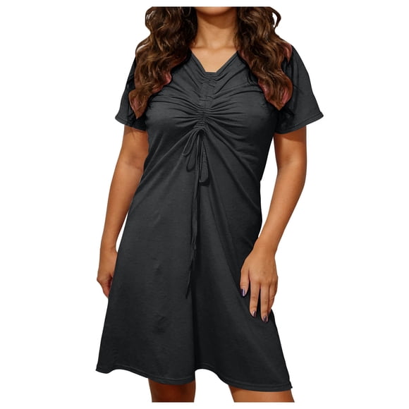 Jalioing Summer Short Sleeve Dresses for Women Solid Fashion Front Ruched Drawstring V Neck Short Dress Ladies Dress