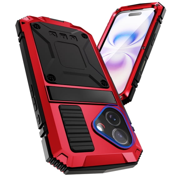 Heavy Duty Case for iPhone 17 with Hidden Kickstand & Tempered Glass Screen Protector, Hybrid Rugged PC Soft Silicone Metal Frame Hang Rope Shockproof Protective Case, Red
